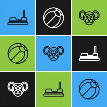 Set line Bumper car, Monkey and Beach ball icon. Vector Ilustración de archivo