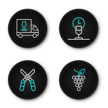 Set line Bunch of grapes, Gardening scissors, Wine time and truck icon. Vecto Stock Illustration