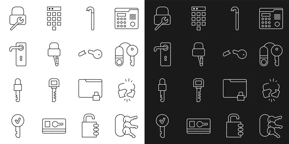 Set line Bunch of keys, Broken or cracked lock, House with, Crowbar, Lock picks 스톡 일러스트