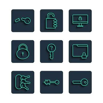 Set line Bunch of keys, Old, Key, Lock on computer monitor, Undefined, Broken Stock Illustration