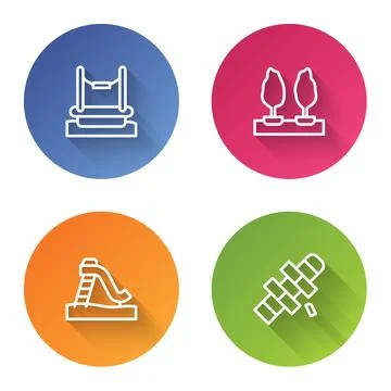 Set line Bungee, Forest, Kid slide and Hopscotch. Color circle button. Vector Stock Illustration