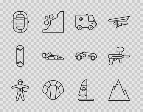 Set line Bungee jumping, Mountains, Ambulance and emergency car, Parachute Illustration