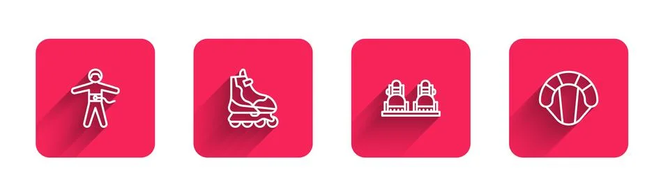 Set line Bungee jumping, Roller skate, Snowboard and Parachute with long shadow Illustrazione stock