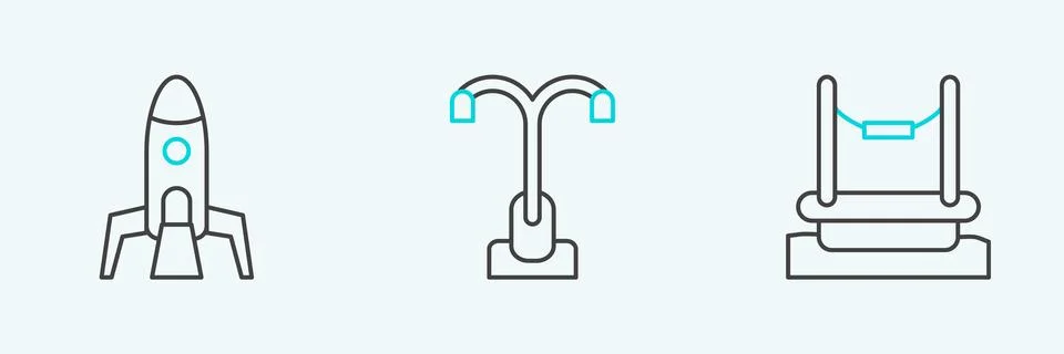 Set line Bungee, Rocket ship and Street light icon. Vector Illustrazione stock