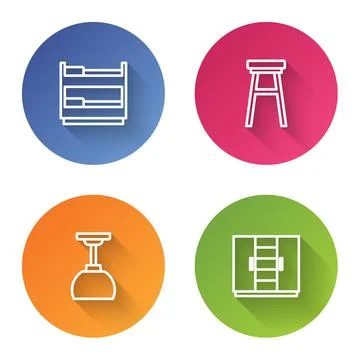 Set line Bunk bed, Chair, Lamp hanging and Wardrobe. Color circle button. Vector Illustrazione stock