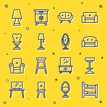 Set line Bunk bed, Chair, Armchair, Sofa, Floor lamp, Table and Mirror icon.  Illustrazione stock