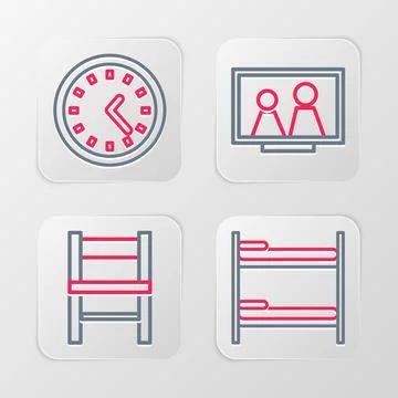 Set line Bunk bed, Chair, Picture frame on table and Clock icon. Vector Ilustración de archivo