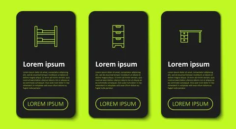 Set line Bunk bed, Chest of drawers and Office desk. Business infographic Illustration