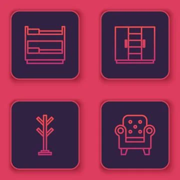Set line Bunk bed, Coat stand, Wardrobe and Armchair. Blue square button. Vector Stock Illustration