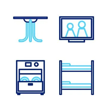 Set line Bunk bed, Kitchen dishwasher machine, Picture frame on table and R.. Stock Illustration