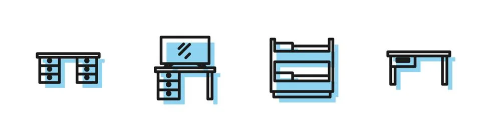 Set line Bunk bed, Office desk, TV table stand and icon. Vector Stock Illustration