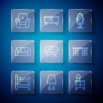 Set line Bunk bed, Table lamp, Nightstand with, Mirror, Sofa, Armchair and .. Illustrazione stock