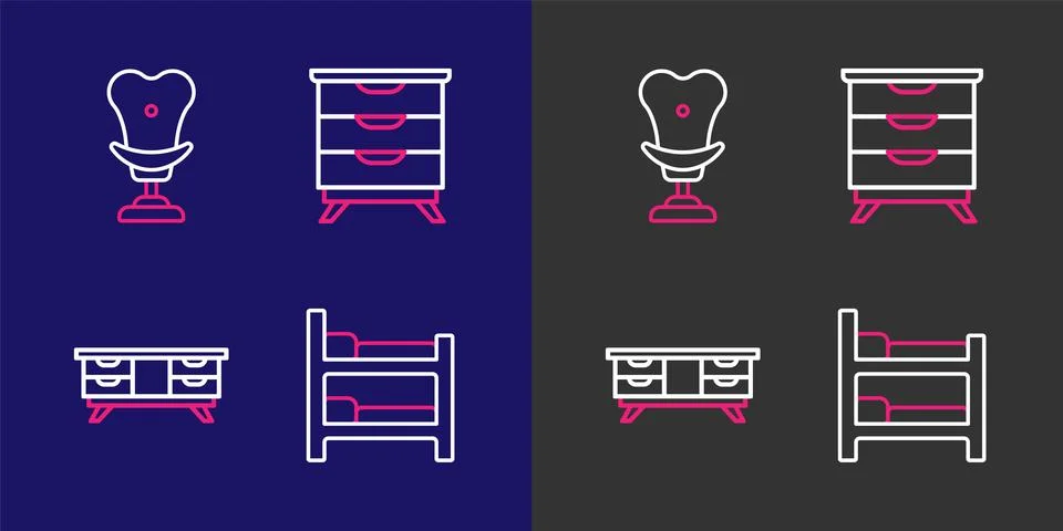 Set line Bunk bed, TV table stand, Furniture nightstand and Armchair icon. .. Stock Illustration