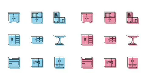 Set line Bunk bed, Wardrobe, Furniture nightstand, Chest of drawers, Round table Stock Illustration