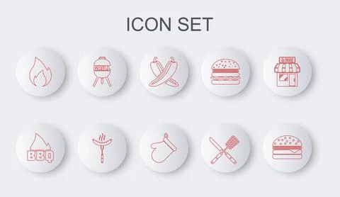 Set line Burger, Barbecue fire flame, Crossed hot chili pepper pod, knife a.. Stock Illustration