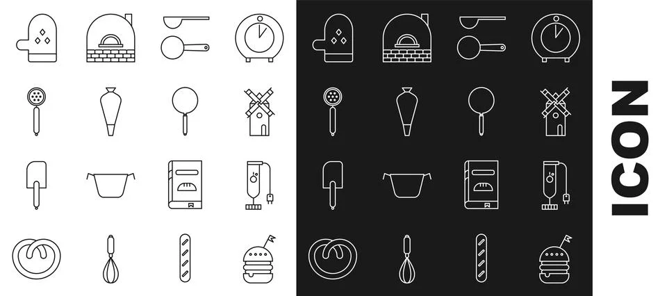 Set line Burger, Blender, Windmill, Measuring spoon, Pastry bag for decorate Stock Illustration