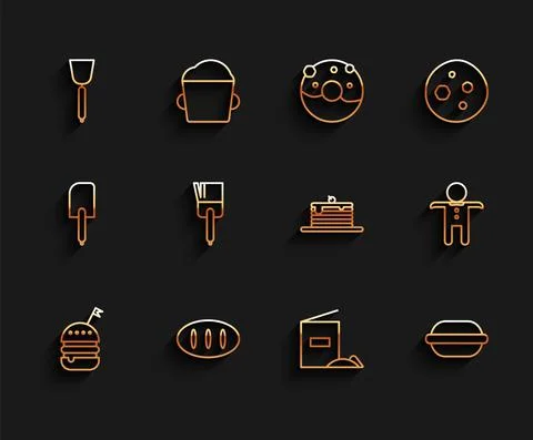Set line Burger, Bread loaf, Spatula, Flour pack, Macaron cookie, Kitchen brush Stock Illustration