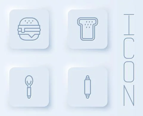 Set line Burger, Bread toast, Spoon and Rolling pin. White square button. Vector Stock Illustration