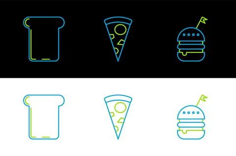 Set line Burger, Bread toast and Slice of pizza icon. Vector Illustrazione stock