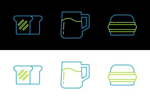 Set line Burger, Bread toast and Wooden beer mug icon. Vector 스톡 일러스트