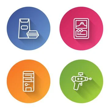 Set line Burger, Card game, Computer and Ray gun. Color circle button. Vector Stock Illustration
