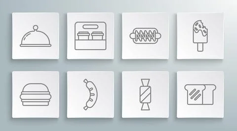 Set line Burger, Coffee cup to go, Hotdog, Candy, Bread toast, sandwich, Ic.. Stock Illustration