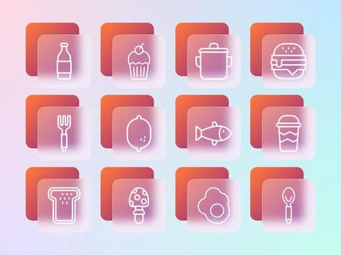 Set line Burger, Fly agaric mushroom, Fish, Scrambled egg, Lemon, Cooking p.. Stock Illustration