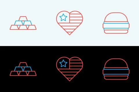 Set line Burger, Gold bars and USA Independence day icon. Vector Stock Illustration