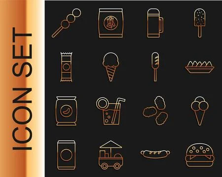 Set line Burger, Ice cream in waffle cone, Nachos plate, Thermos container,.. Stock Illustration