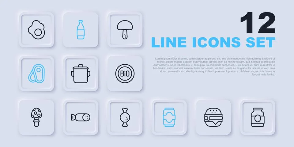 Set line Burger, Jam jar, Cooking pot, Soda can, Steak meat, Salami sausage.. Stock Illustration