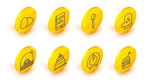 Set line Burger, Kitchen timer, Cake, Brick stove, Oven glove, Pizza knife,.. Stockillustratie