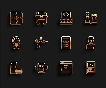 Set line Burger, School backpack, Piece of puzzle, Binary code, Card game, .. Stock Illustration