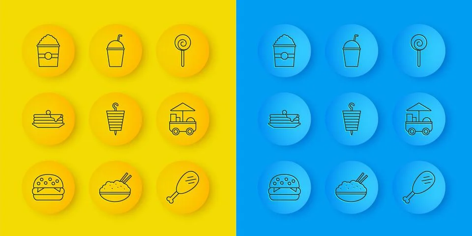 Set line Burger, Stack of pancakes, Grilled shish kebab, Chicken leg, Fast Illustrazione stock