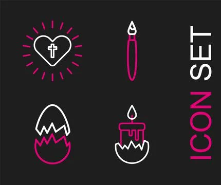 Set line Burning candle, Broken egg, Paint brush and Christian cross heart ic Stock Illustration