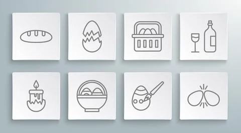Set line Burning candle, Broken egg, Basket with easter eggs, Easter paint brush Stock Illustration