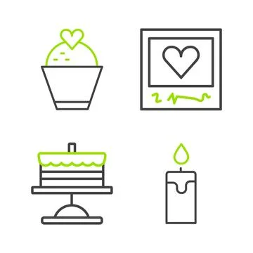 Set line Burning candle Cake on plate Photo frames hearts and Wedding cake wi Illustrazione stock