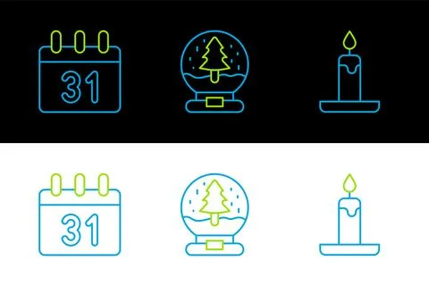 Set line Burning candle, Calendar and Christmas snow globe icon. Vector Stock Illustration