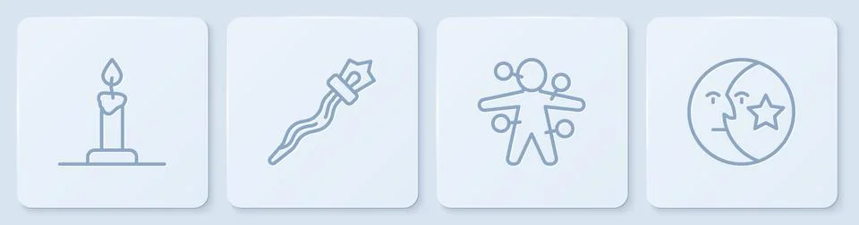 Set line Burning candle in candlestick, Voodoo doll, Magic staff and Moon stars 스톡 일러스트