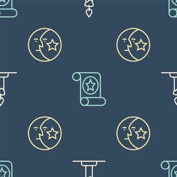 Set line Burning candle in candlestick, Moon stars and Magic scroll on seamless 스톡 일러스트