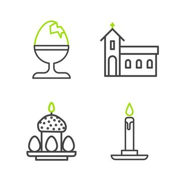 Set line Burning candle in candlestick, Easter cake eggs, Church building and Ilustración de archivo