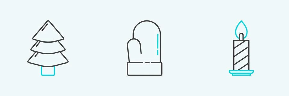 Set line Burning candle in candlestick, Christmas tree and mitten icon. Vector Stock Illustration