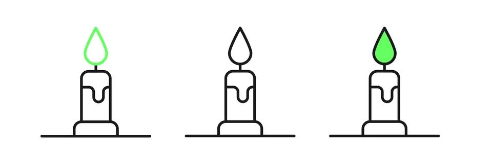 Set line Burning candle in candlestick icon isolated on white background. C.. Stock Illustration