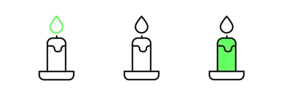 Set line Burning candle in candlestick icon isolated on white background. C.. Stock Illustration