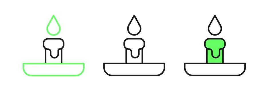 Set line Burning candle in candlestick icon isolated on white background. C.. Stock Illustration