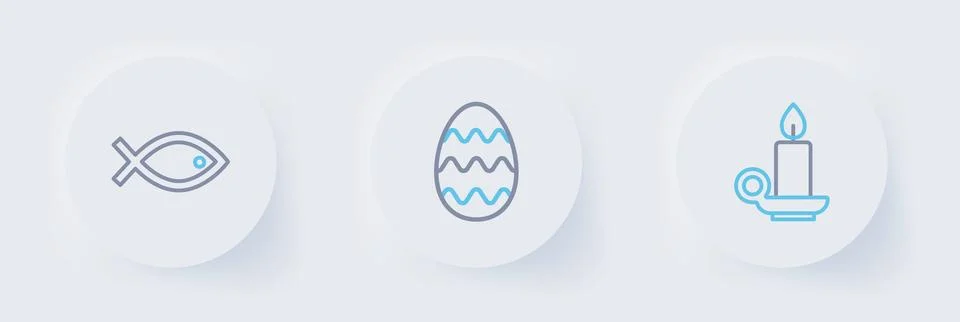 Set line Burning candle in candlestick, Easter egg and Christian fish symbo.. 库存插图