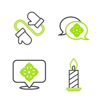 Set line Burning candle in candlestick Snowflake with speech bubble and Pair  Stockillustratie