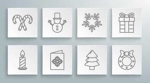 Set line Burning candle in candlestick, Christmas snowman, postcard, tree, .. 스톡 일러스트