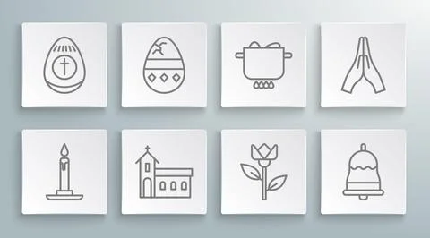 Set line Burning candle in candlestick, Cracked egg, Church building, Flowe.. Ilustración de archivo