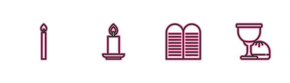 Set line Burning candle, The commandments, and Holy grail or chalice icon Stock Illustration