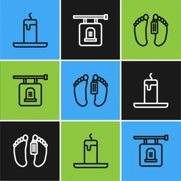 Set line Burning candle, Dead body and Signboard tombstone icon. Vector Stock Illustration